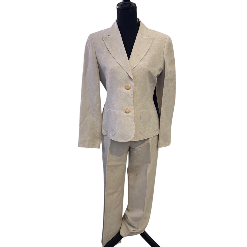 Kate Hill Petite Linen Blend Pant Suit Beige 2 Piece Blazer Trousers Set 8P